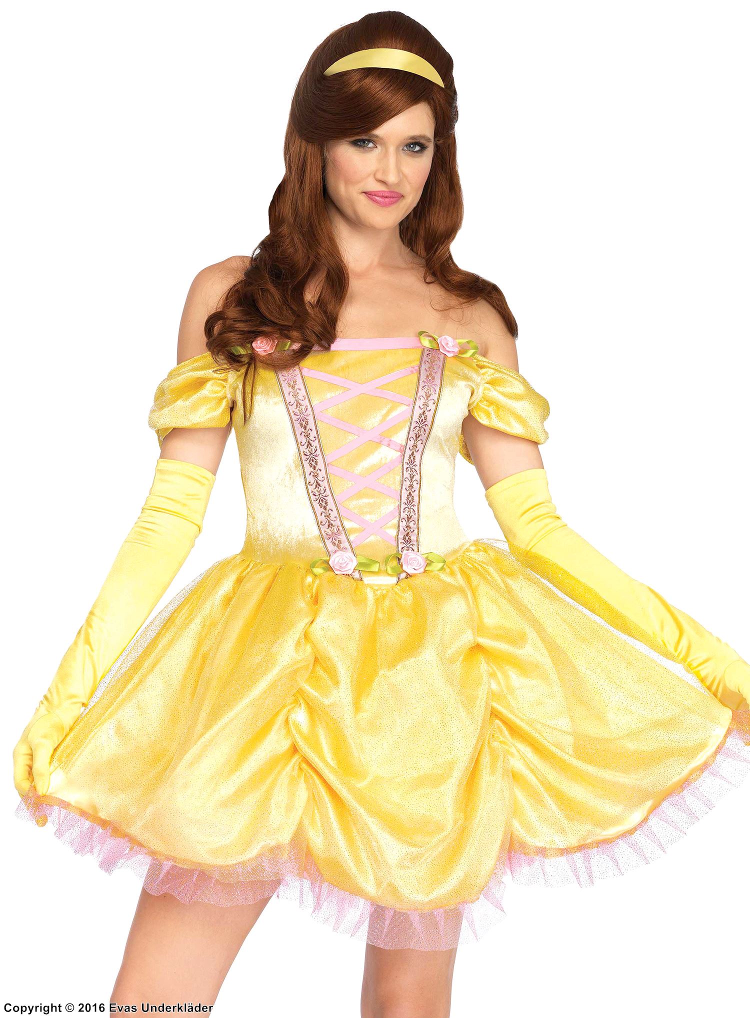 Prinsessan Belle från Skönheten och odjuret, maskeradklänning med öppna axlar och rynkor